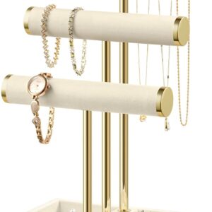 Bracelet Holder Jewelry Organizer Display - 3 Tier T Bar Velvet Stand, Beige Jewelry Storage for Bracelet, Necklaces, Watches