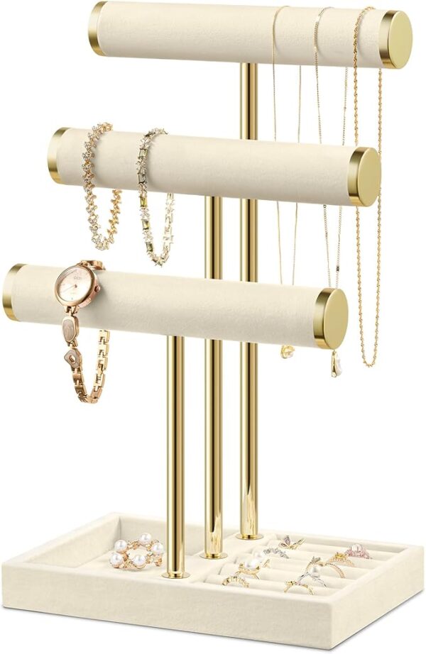 Bracelet Holder Jewelry Organizer Display - 3 Tier T Bar Velvet Stand, Beige Jewelry Storage for Bracelet, Necklaces, Watches