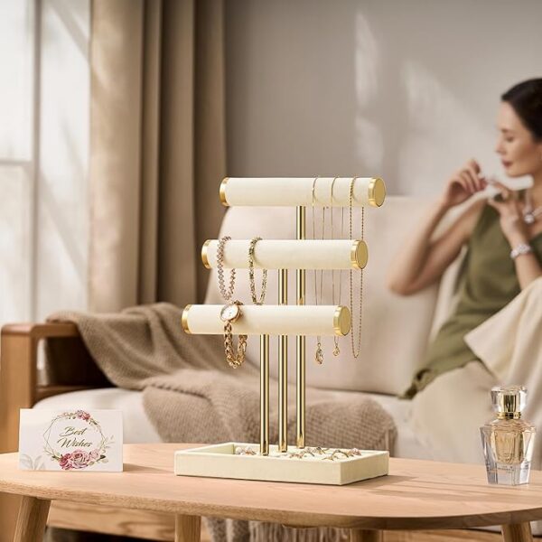 Bracelet Holder Jewelry Organizer Display - 3 Tier T Bar Velvet Stand, Beige Jewelry Storage for Bracelet, Necklaces, Watches - Image 2
