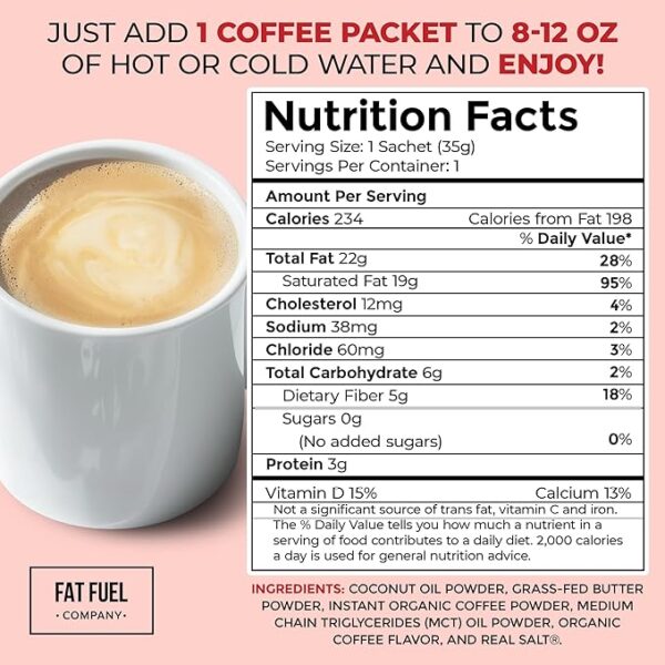 FAT FUEL Keto Coffee 22g Premium Fats - With Grass Fed Butter, MCT Oil, Coconut & Redmond Real Salt - Instant Organic Coffee, One Net Carb, A True Meal Replacement - 15 Servings - Image 2